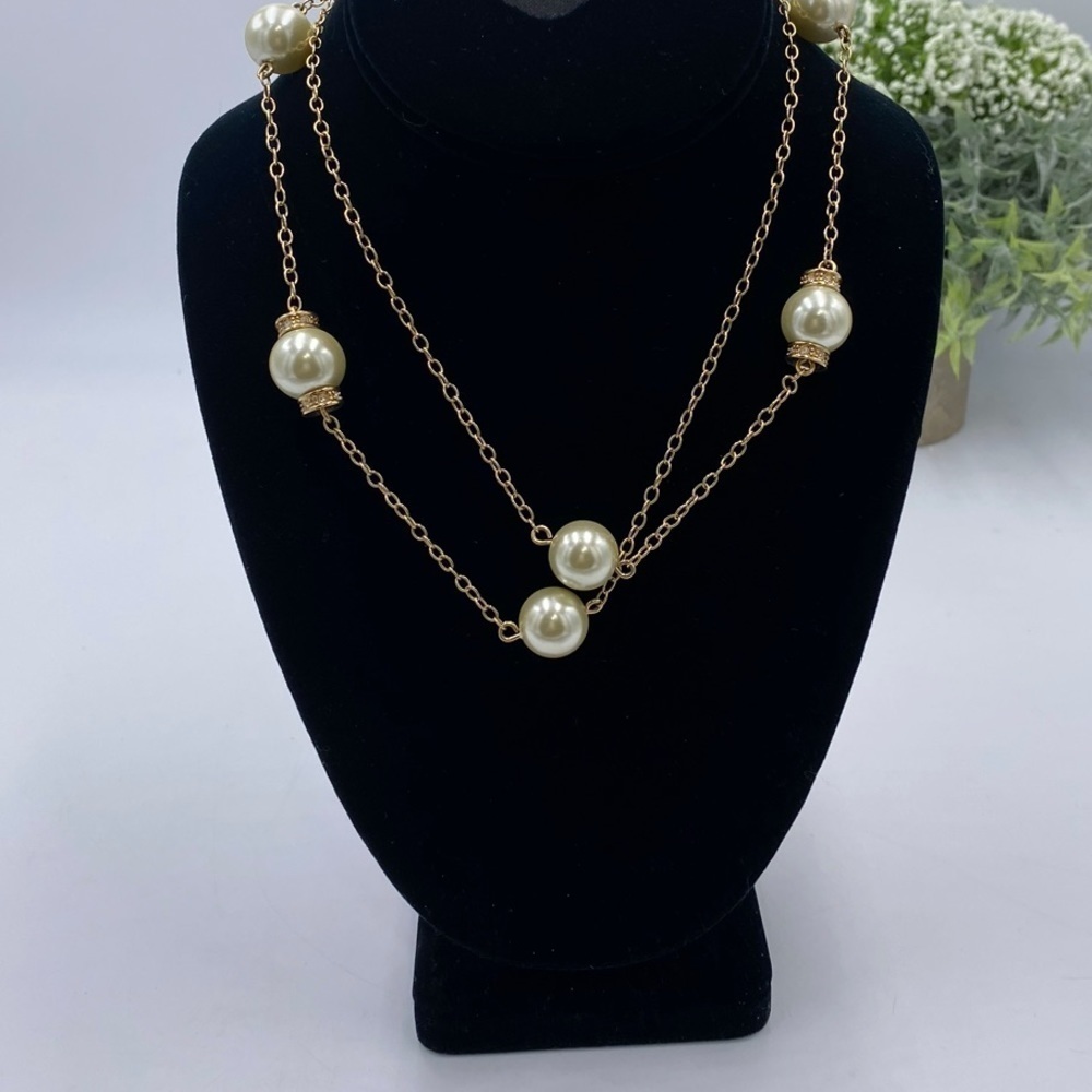 J. Crew Faux‎ Pearl and Rhinestone Necklace Long Strand Necklace Gold Tone